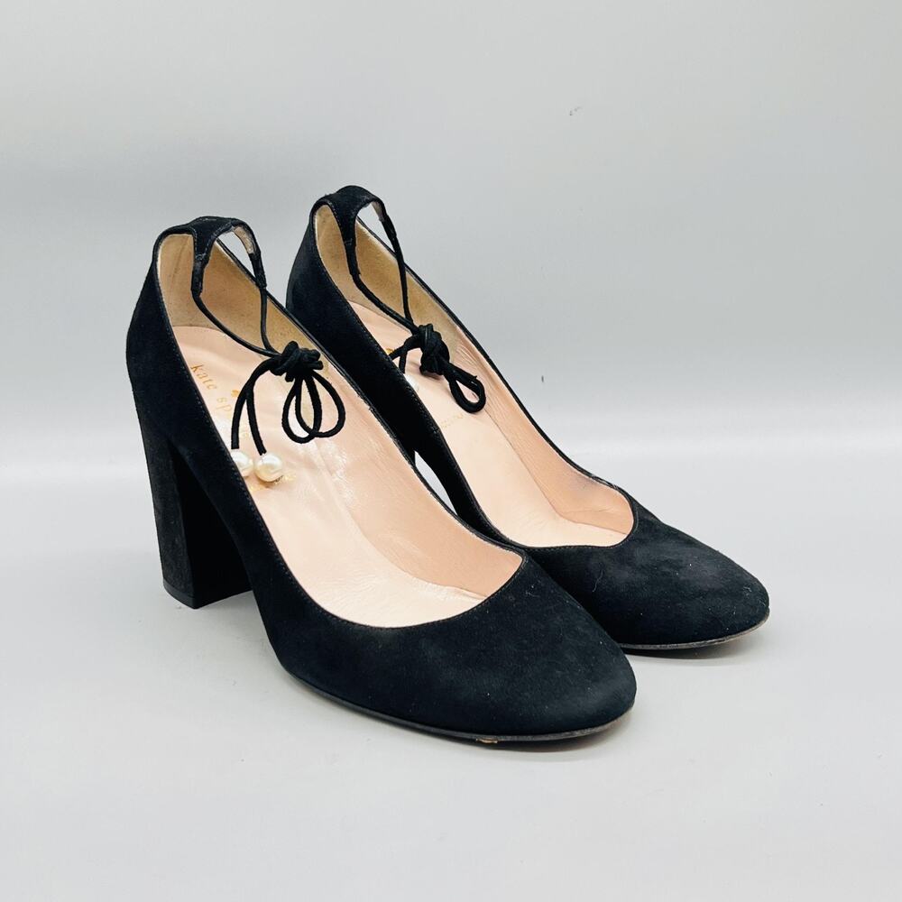 Kate Spade Shoes Womens 8 Black Suede Pearl Tie Strap Block Heel Pumps Italy - Picture 2 of 11